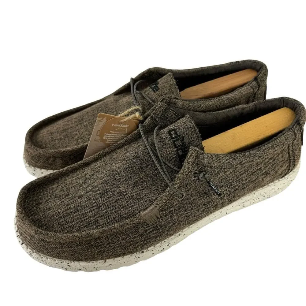 New Hey Dude Men's 14 Wally Eco Linen Loafers Slip On Shoes Dark Brown Natural